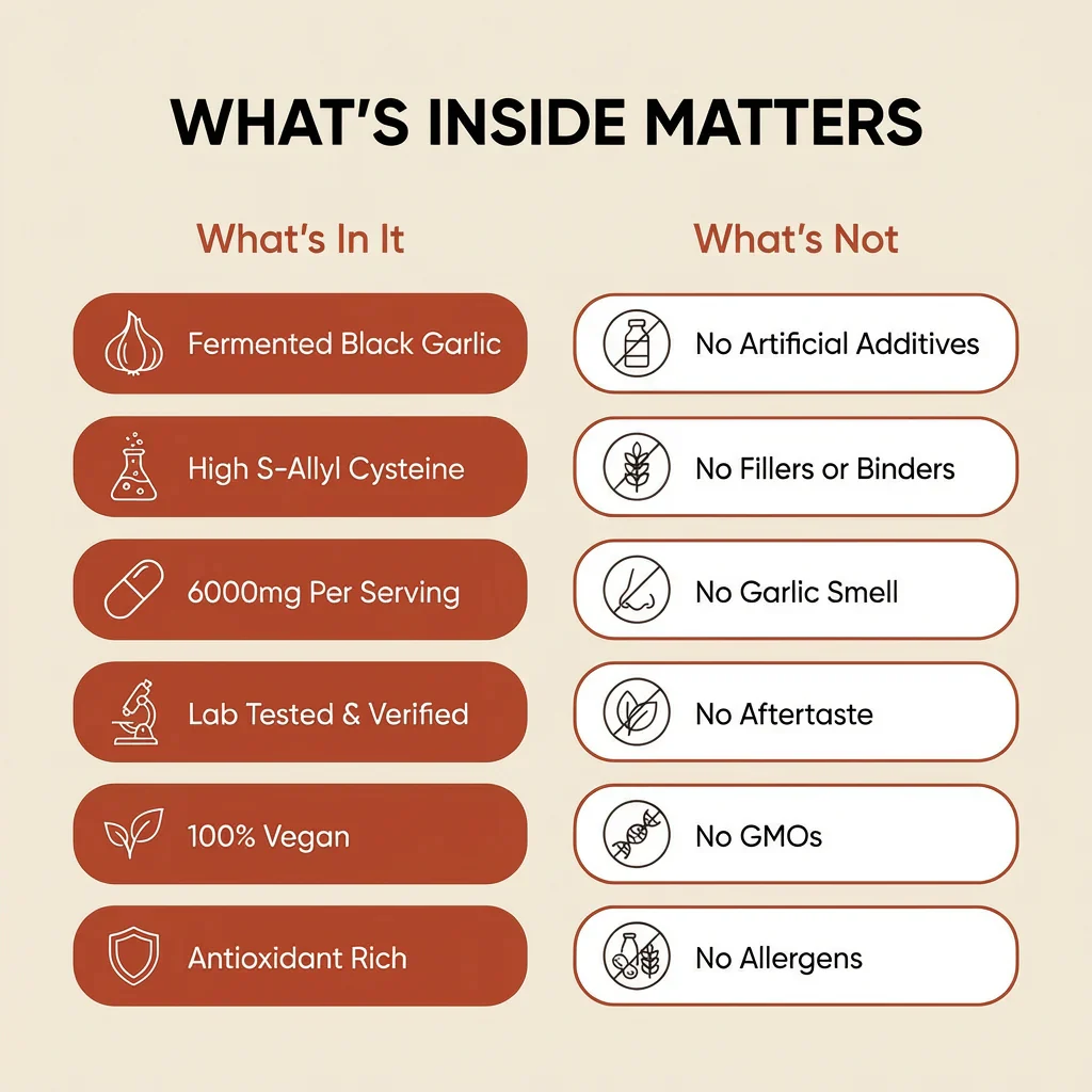 Fermented black garlic extract — S-allyl cysteine, polyphenols, melanoidins, organosulfur